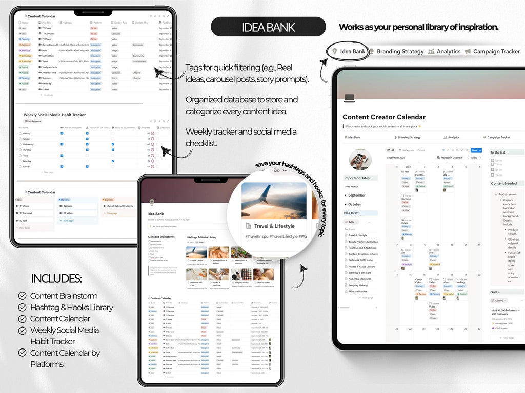 Notion Social Media Manager Template | Content Calendar Planner with Idea Bank Branding Strategy Analytics & Campaign Tracker