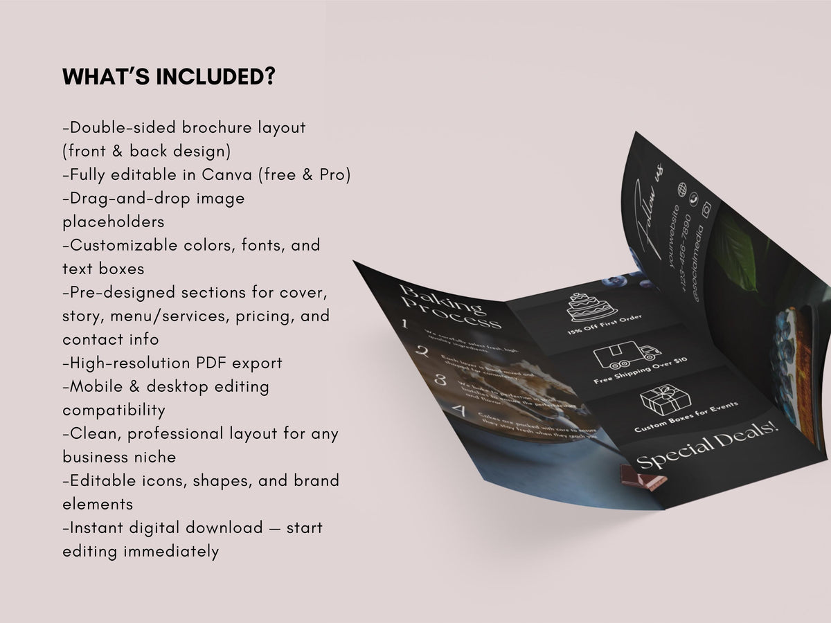 Cake Business Brochure Template Canva Bakery Menu Price List Pastry Shop Flyer Editable Double-Sided Brochure