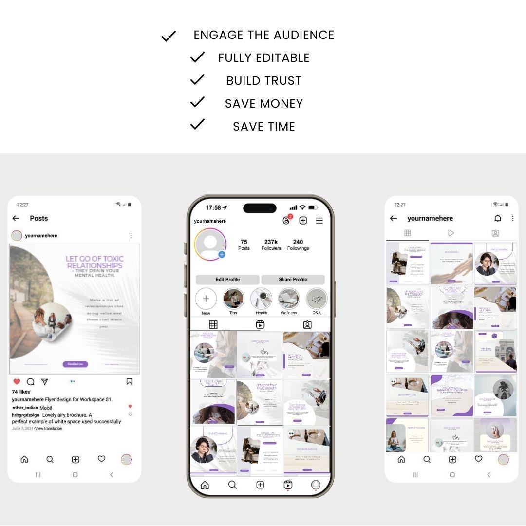 Mental Health Instagram Templates: Wellness & Psychology Posts (Canva Editable)