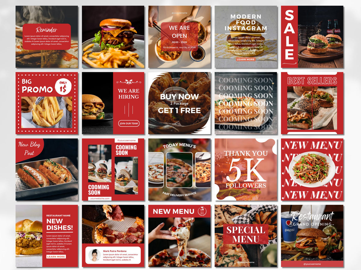 Fast Food Social Media Canva Templates: Restaurant Marketing (60-Page Bundle)