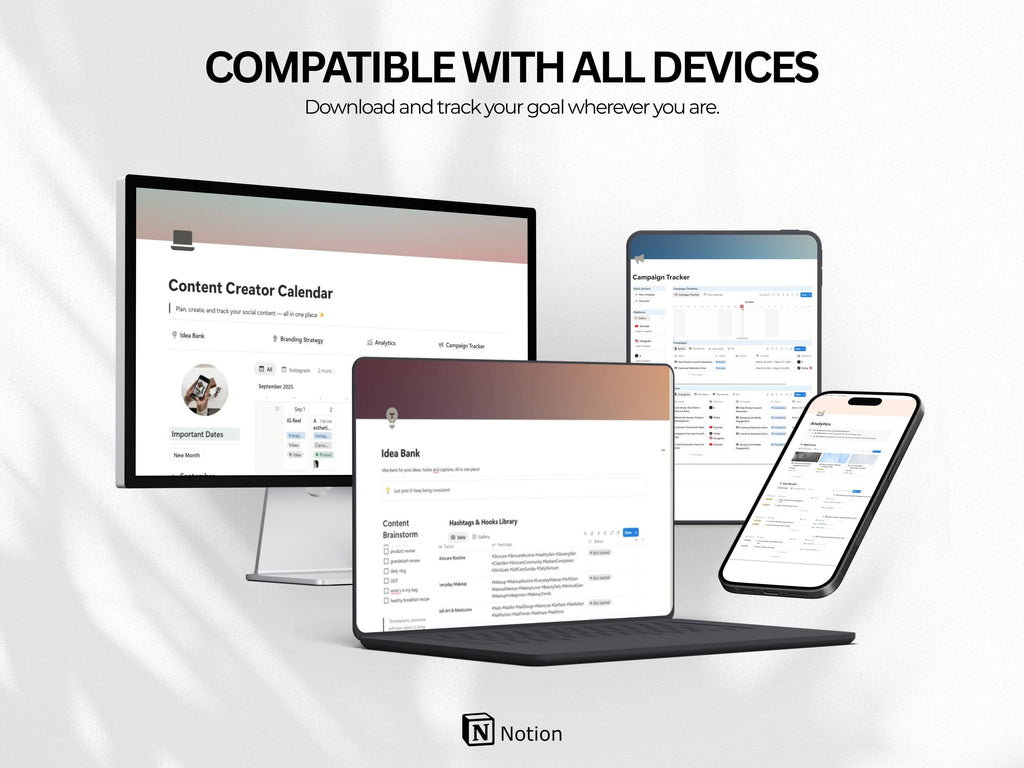 Notion Social Media Manager Template | Content Calendar Planner with Idea Bank Branding Strategy Analytics & Campaign Tracker
