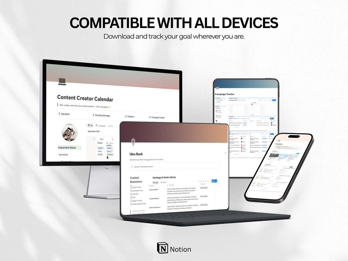 Notion Social Media Manager Template | Content Calendar Planner with Idea Bank Branding Strategy Analytics & Campaign Tracker