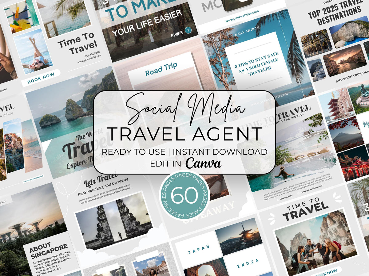 Travel Social Media Template: 60 Canva Instagram Posts (Digital Download