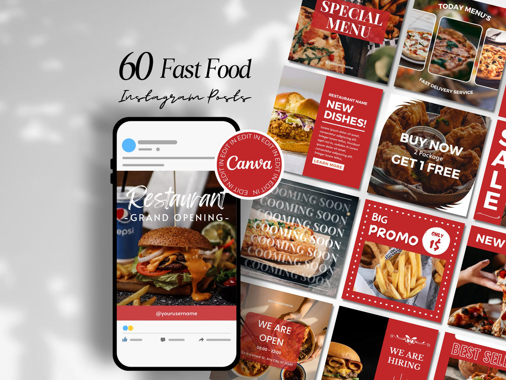 Fast Food Social Media Canva Templates: Restaurant Marketing (60-Page Bundle)
