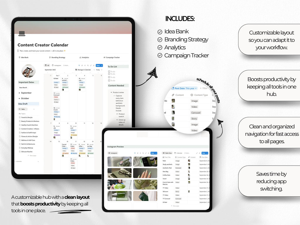 Notion Social Media Manager Template | Content Calendar Planner with Idea Bank Branding Strategy Analytics & Campaign Tracker