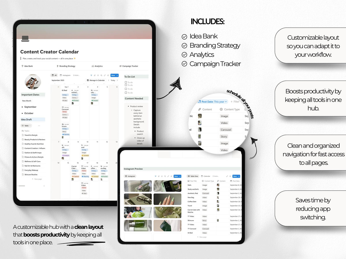 Notion Social Media Manager Template | Content Calendar Planner with Idea Bank Branding Strategy Analytics & Campaign Tracker