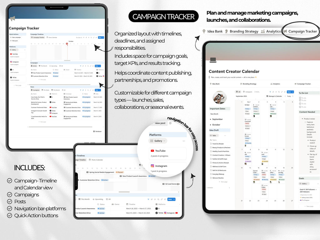 Notion Social Media Manager Template | Content Calendar Planner with Idea Bank Branding Strategy Analytics & Campaign Tracker