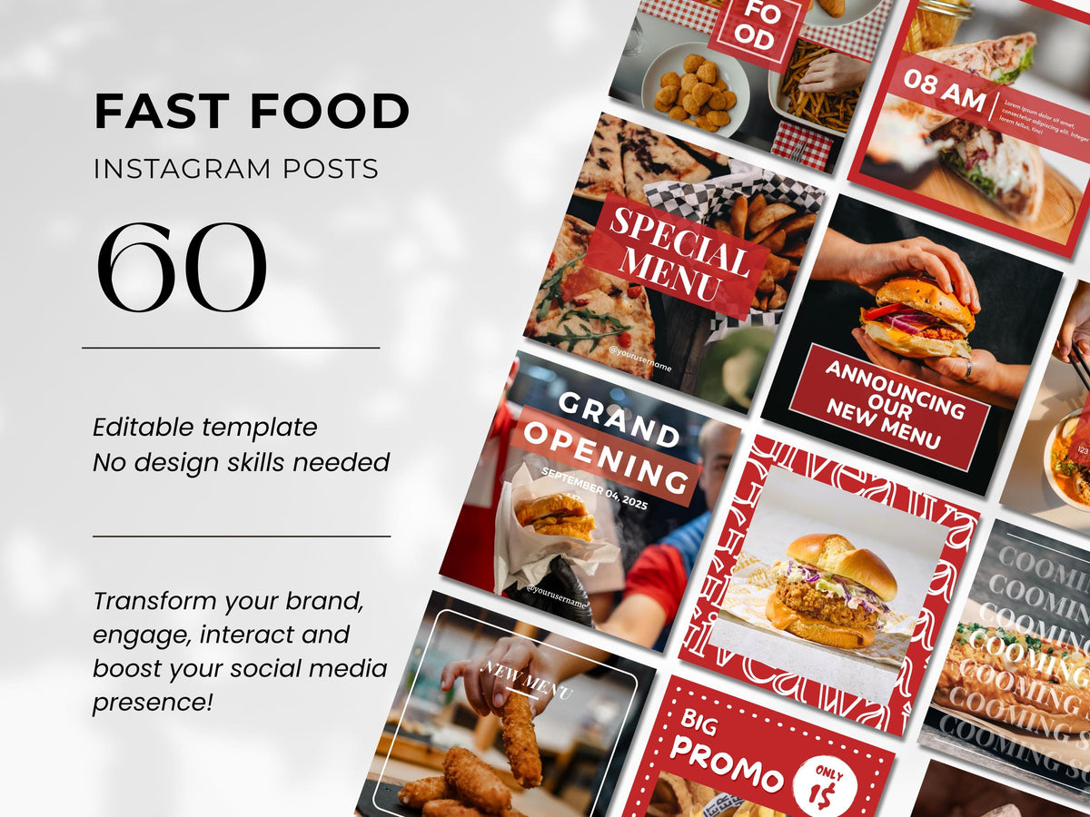 Fast Food Social Media Canva Templates: Restaurant Marketing (60-Page Bundle)