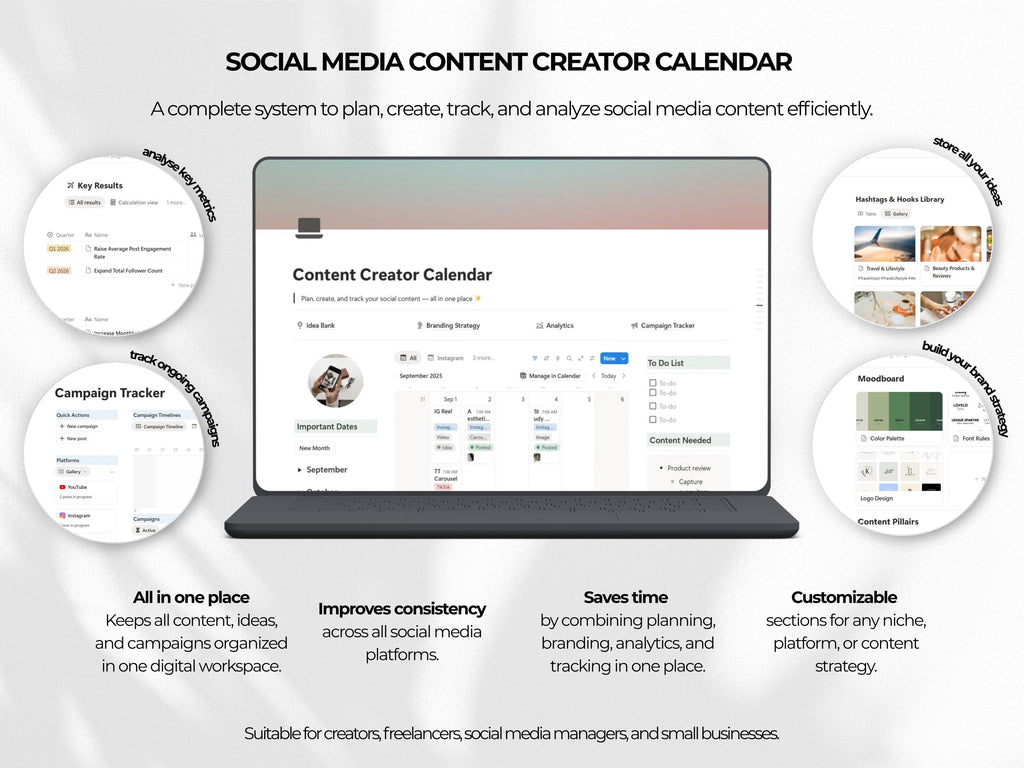 Notion Social Media Manager Template | Content Calendar Planner with Idea Bank Branding Strategy Analytics & Campaign Tracker