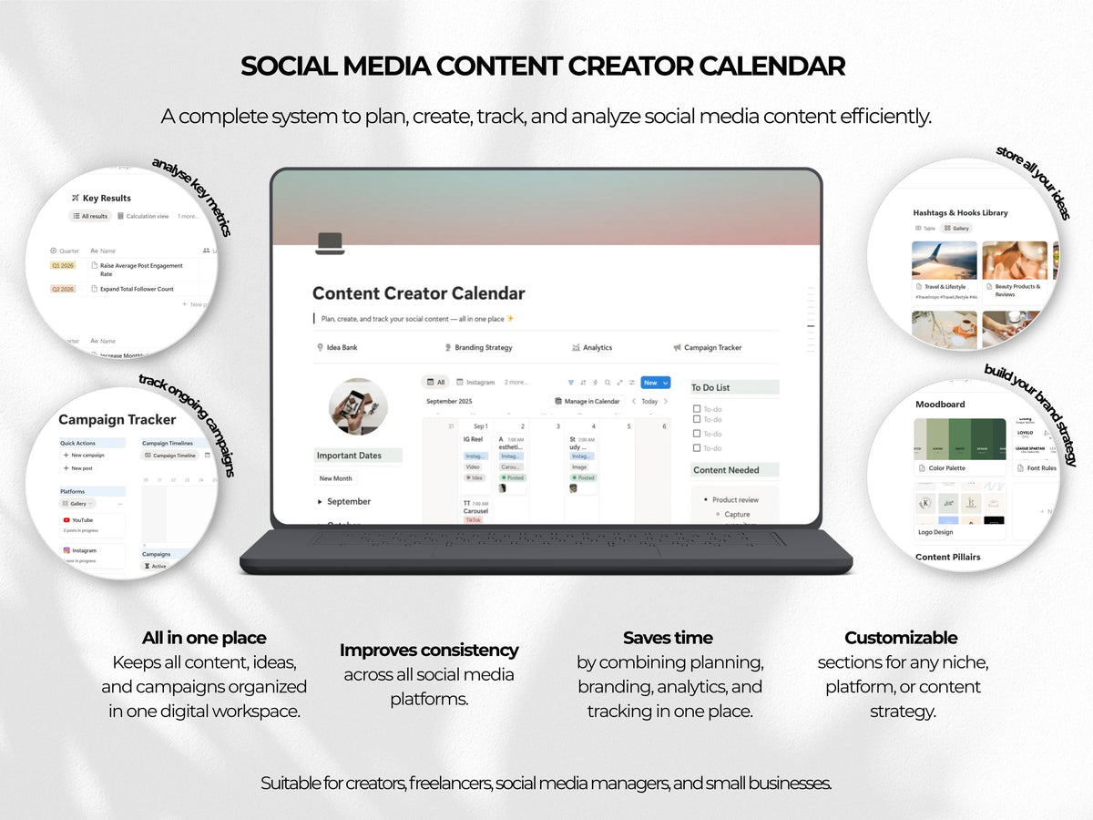 Notion Social Media Manager Template | Content Calendar Planner with Idea Bank Branding Strategy Analytics & Campaign Tracker