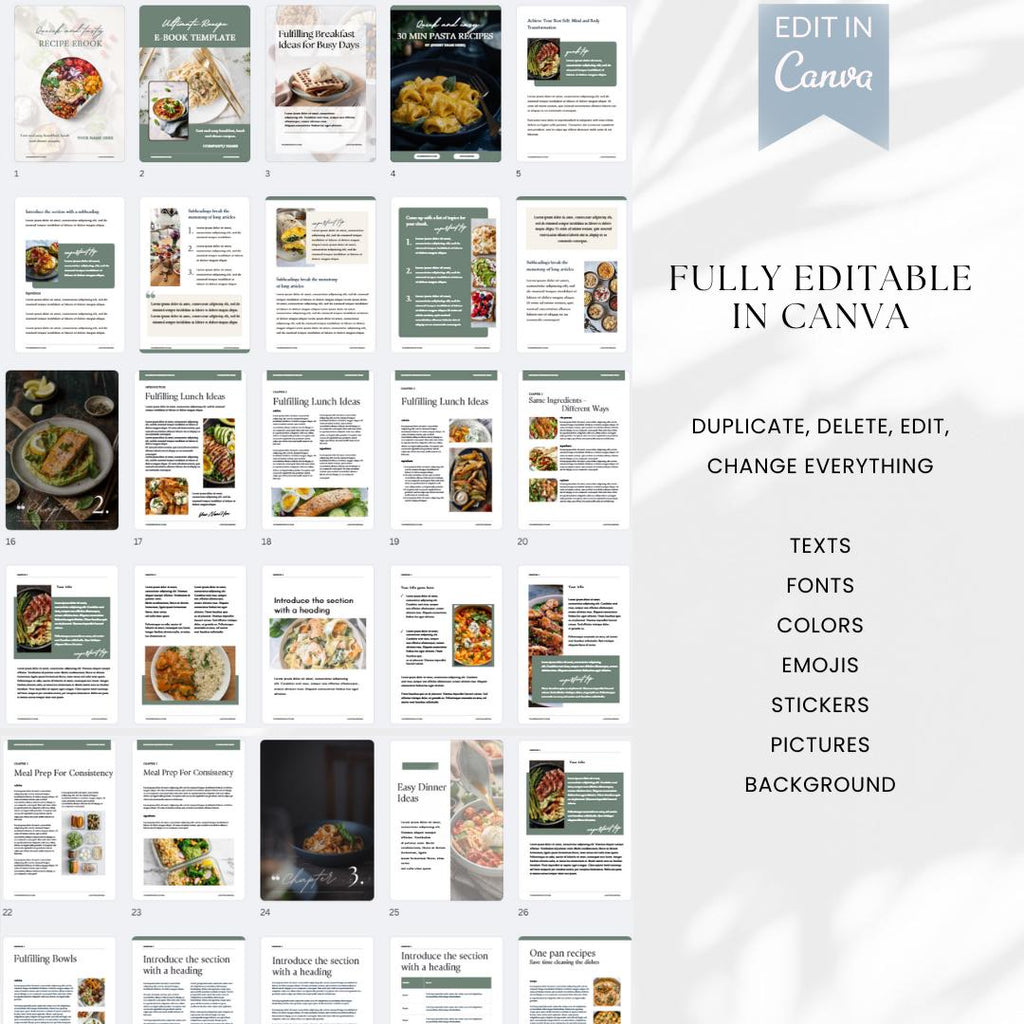 Editable Recipe eBook Template: 40-Page Cookbook Design for Canva (Digital Download)