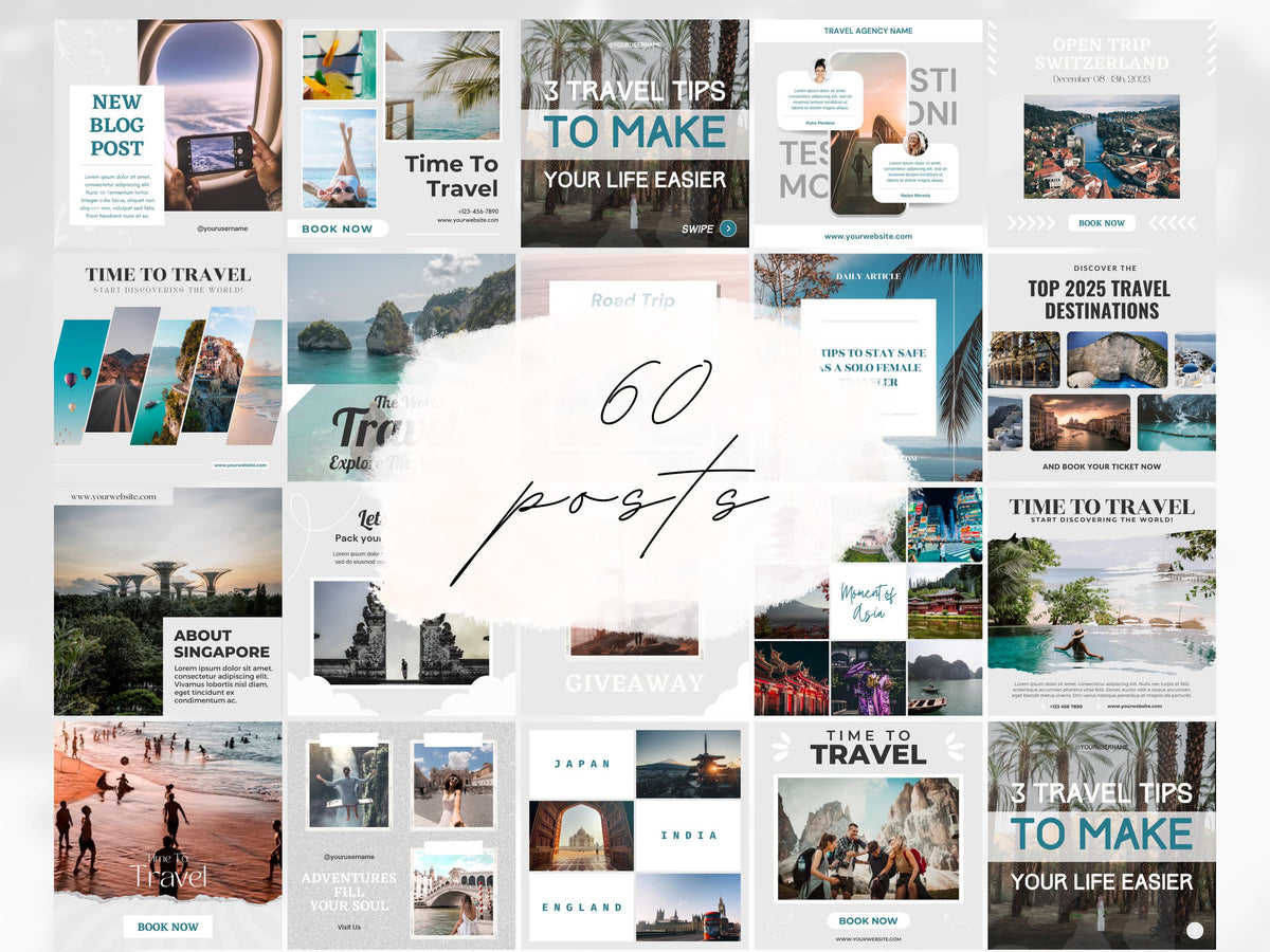 Travel Social Media Template: 60 Canva Instagram Posts (Digital Download