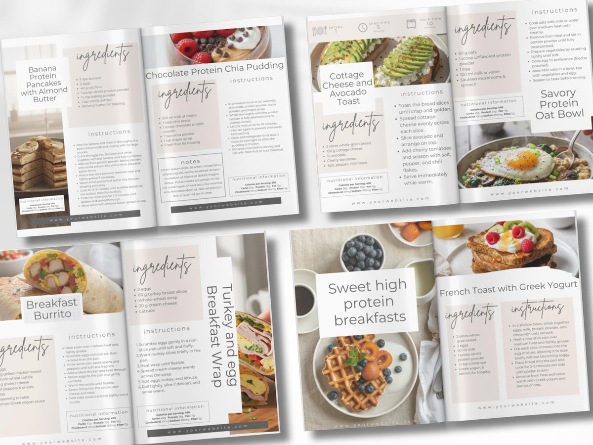 Cookbook Recipe Ebook Template for Fitness Coaches & Content Creators, 25 Page Canva Cookbook with Nutrition Info