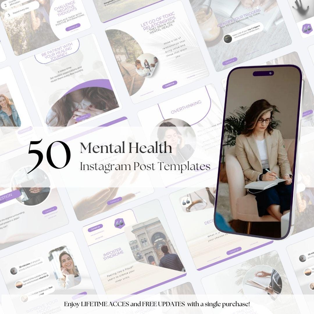 Mental Health Instagram Templates: Wellness & Psychology Posts (Canva Editable)