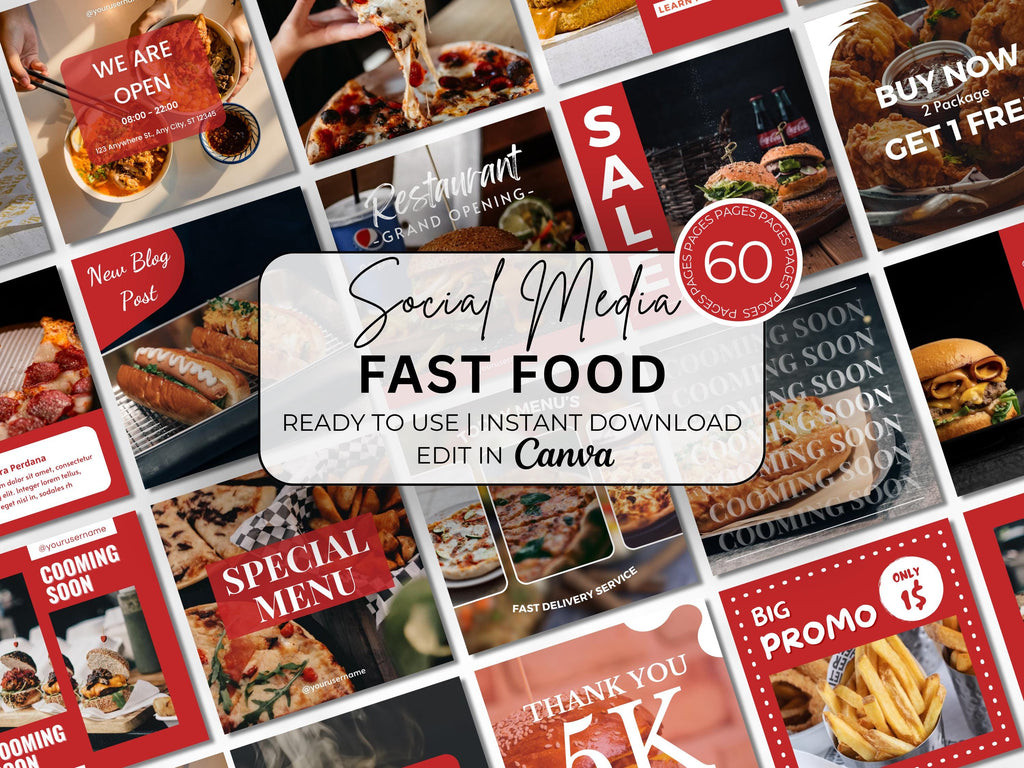 Fast Food Social Media Canva Templates: Restaurant Marketing (60-Page Bundle)