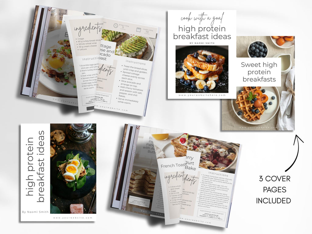 High Protein Breakfast Recipe Ebook Template for Fitness Coaches & Content Creators, 25 Page Canva Cookbook with Nutrition Info