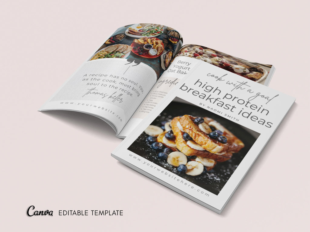 High Protein Breakfast Recipe Ebook Template for Fitness Coaches & Content Creators, 25 Page Canva Cookbook with Nutrition Info