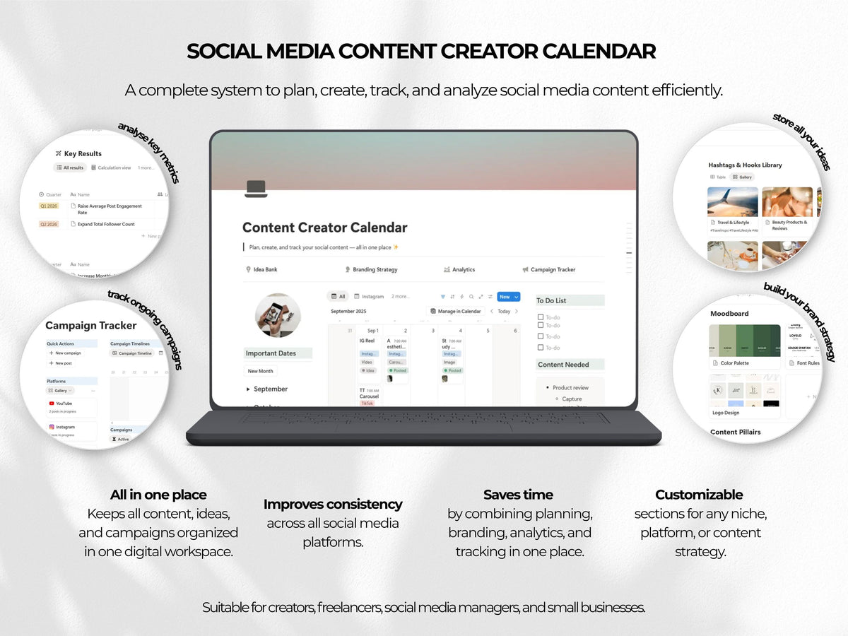 Notion Social Media Manager Template | Content Calendar Planner with Idea Bank Branding Strategy Analytics & Campaign Tracker
