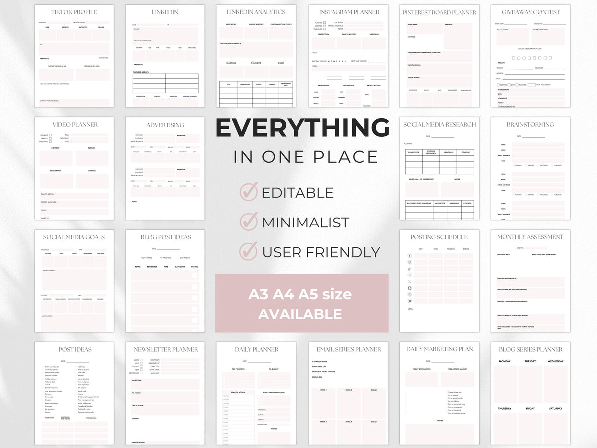 Social Media Marketing Planner: Content Calendar, Business Strategy (Canva Editable Digital Download)