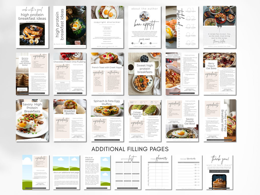 High Protein Breakfast Recipe Ebook Template for Fitness Coaches & Content Creators, 25 Page Canva Cookbook with Nutrition Info