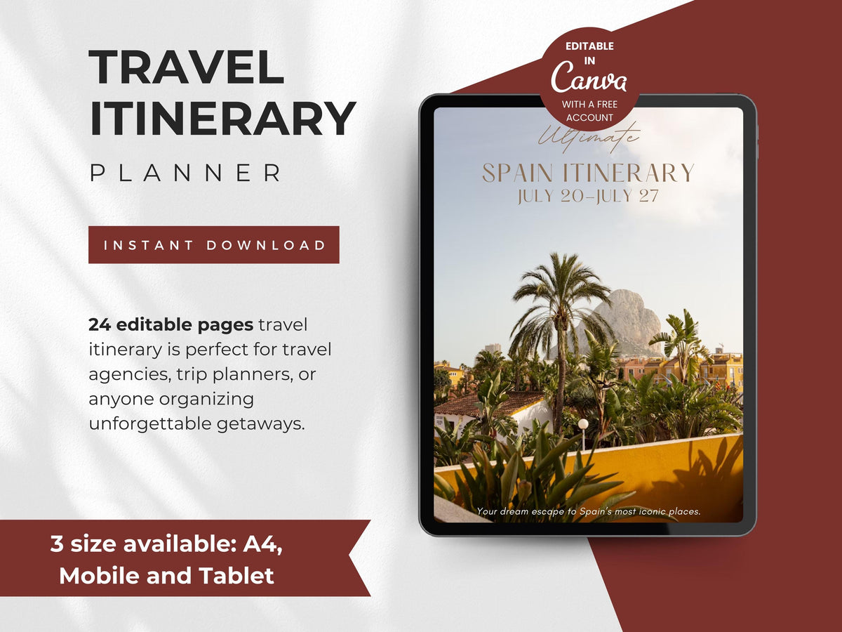 Editable Travel Itinerary Template: Customizable Trip Planner (Canva PDF)