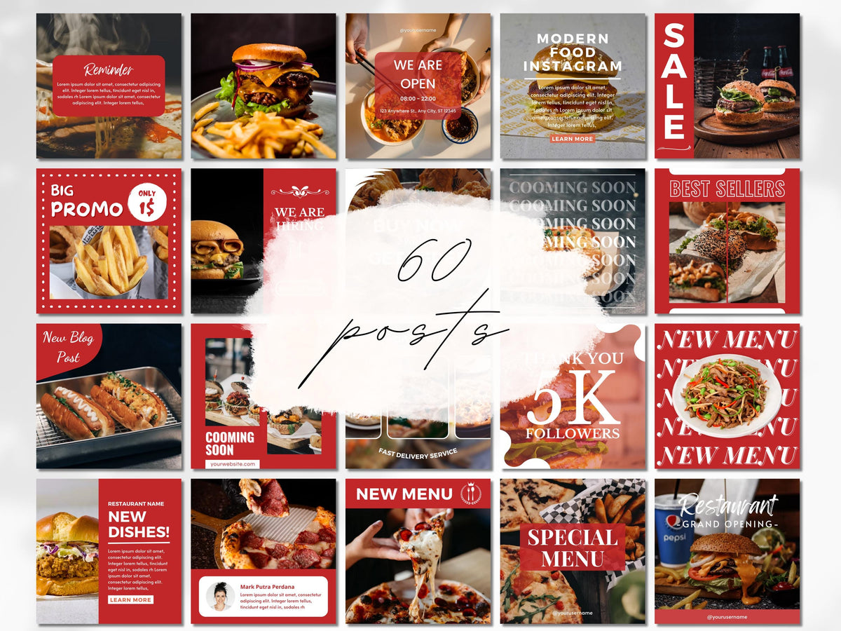 Fast Food Social Media Canva Templates: Restaurant Marketing (60-Page Bundle)