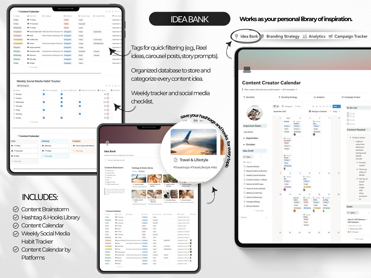 Notion Social Media Manager Template | Content Calendar Planner with Idea Bank Branding Strategy Analytics & Campaign Tracker