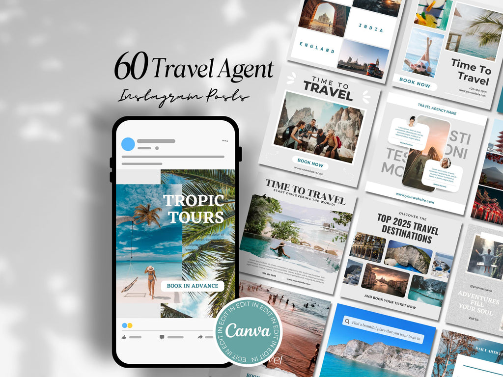 Travel Social Media Template: 60 Canva Instagram Posts (Digital Download