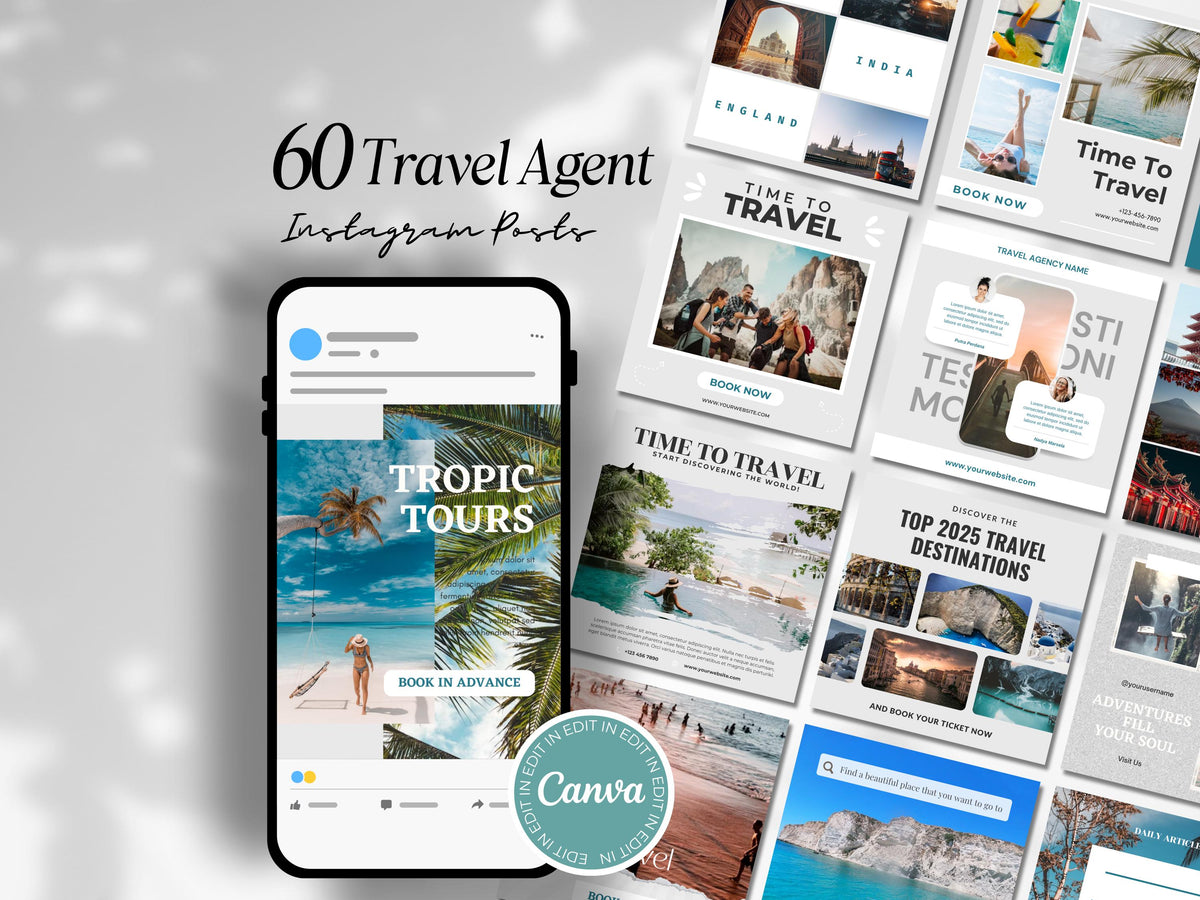 Travel Social Media Template: 60 Canva Instagram Posts (Digital Download