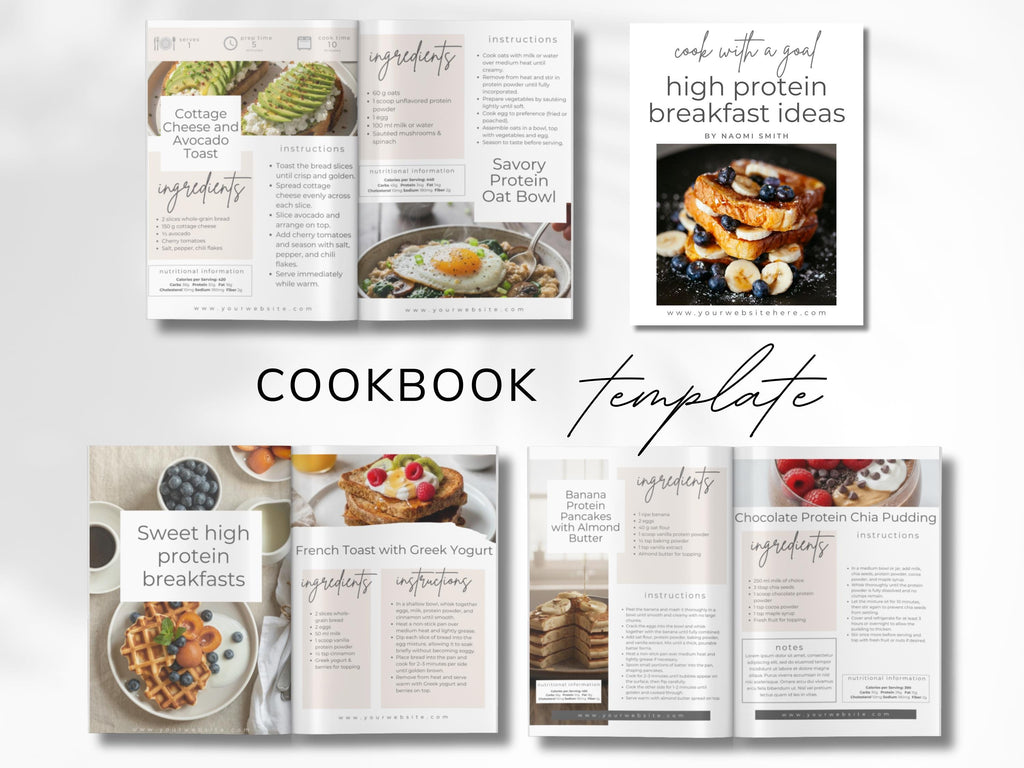 High Protein Breakfast Recipe Ebook Template for Fitness Coaches & Content Creators, 25 Page Canva Cookbook with Nutrition Info