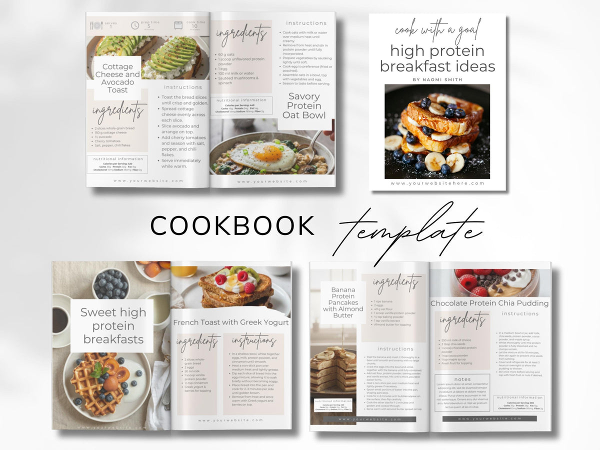 High Protein Breakfast Recipe Ebook Template for Fitness Coaches & Content Creators, 25 Page Canva Cookbook with Nutrition Info
