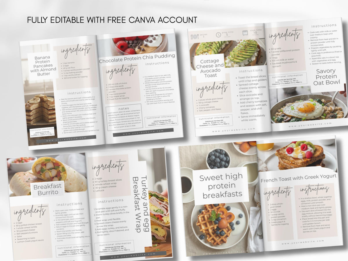 Cookbook Recipe Ebook Template for Fitness Coaches & Content Creators, 25 Page Canva Cookbook with Nutrition Info