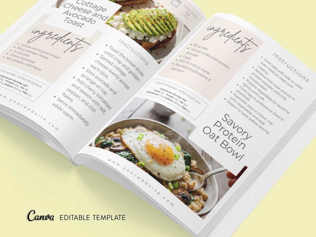 Cookbook Recipe Ebook Template for Fitness Coaches & Content Creators, 25 Page Canva Cookbook with Nutrition Info