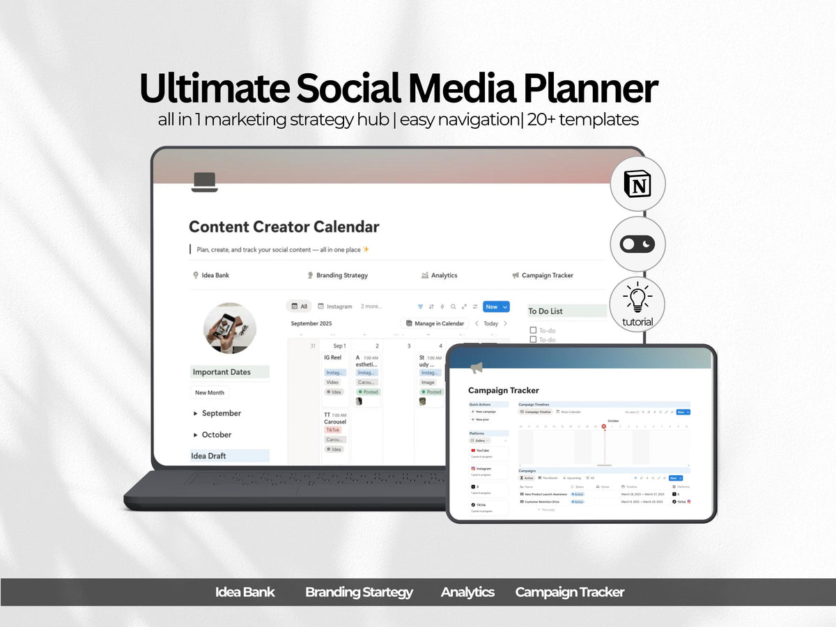 Notion Social Media Manager Template | Content Calendar Planner with Idea Bank Branding Strategy Analytics & Campaign Tracker