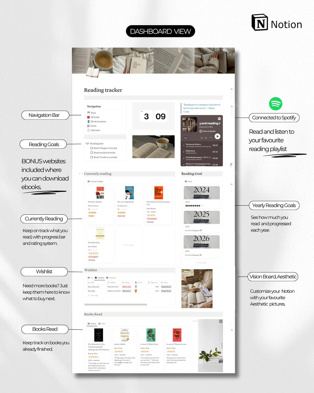 Notion Reading Tracker Template: Digital Book Journal (Digital Download)