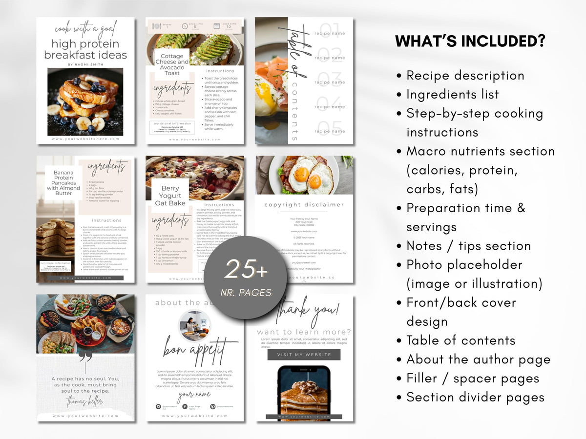 High Protein Breakfast Recipe Ebook Template for Fitness Coaches & Content Creators, 25 Page Canva Cookbook with Nutrition Info